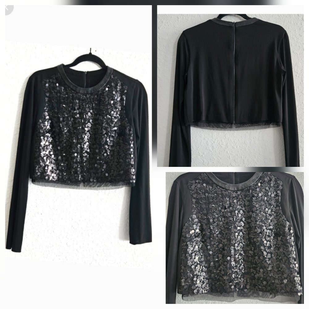 Rag & Bone Black Silk Tulle Lamb Leather Trim Long Sleeve Sequins Short Top